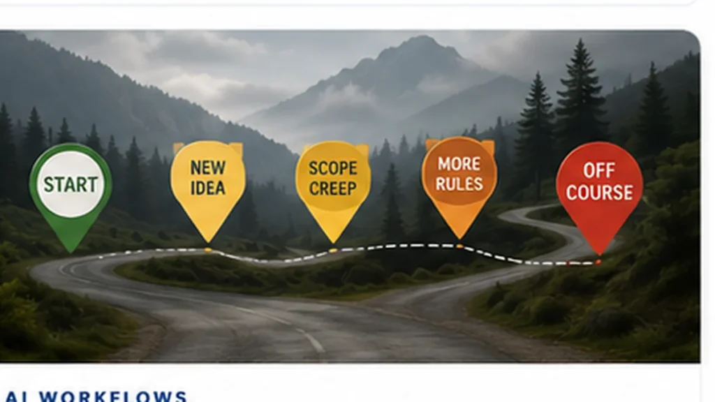 A winding project path gradually drifting from the original starting goal as new ideas, scope and rules accumulate.
