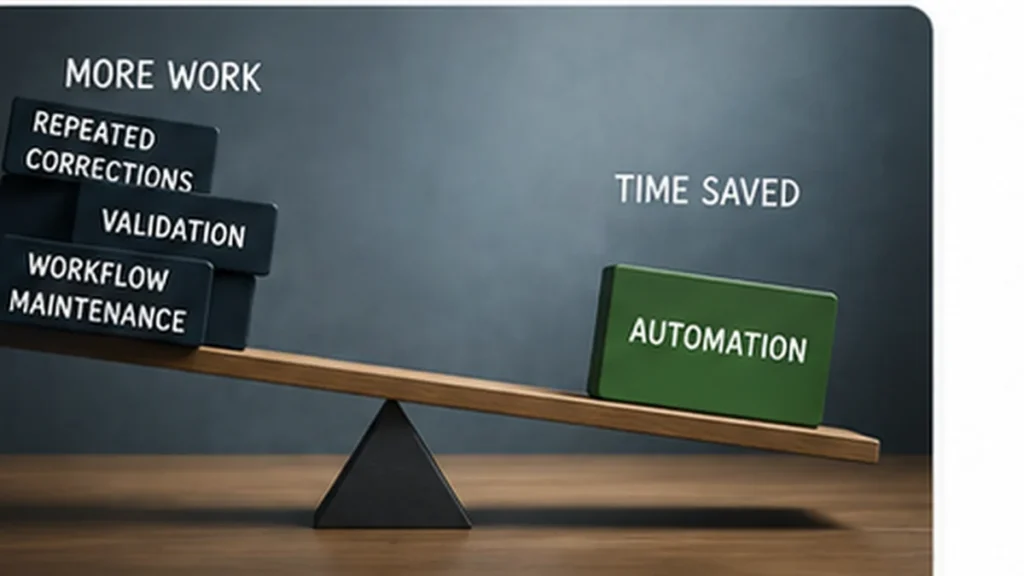 A balance scale showing repeated corrections, validation and workflow maintenance outweighing the time saved by automation.