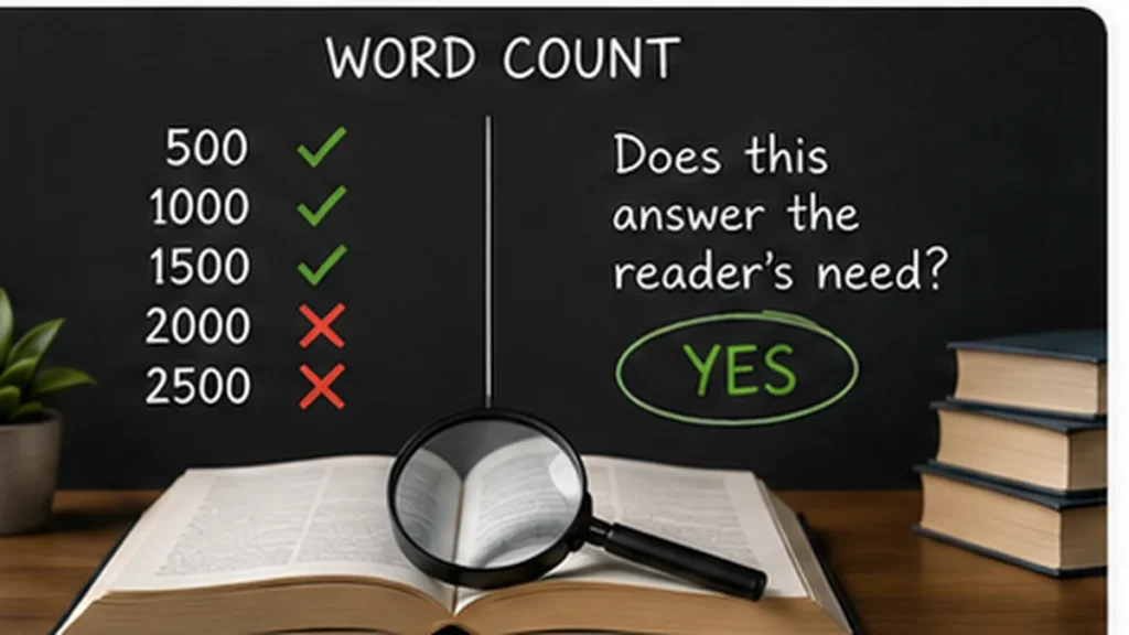 Word-count targets contrasted with the question of whether the content actually answers the reader's need.
