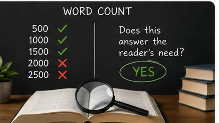 Word-count targets contrasted with the question of whether the content actually answers the reader's need.