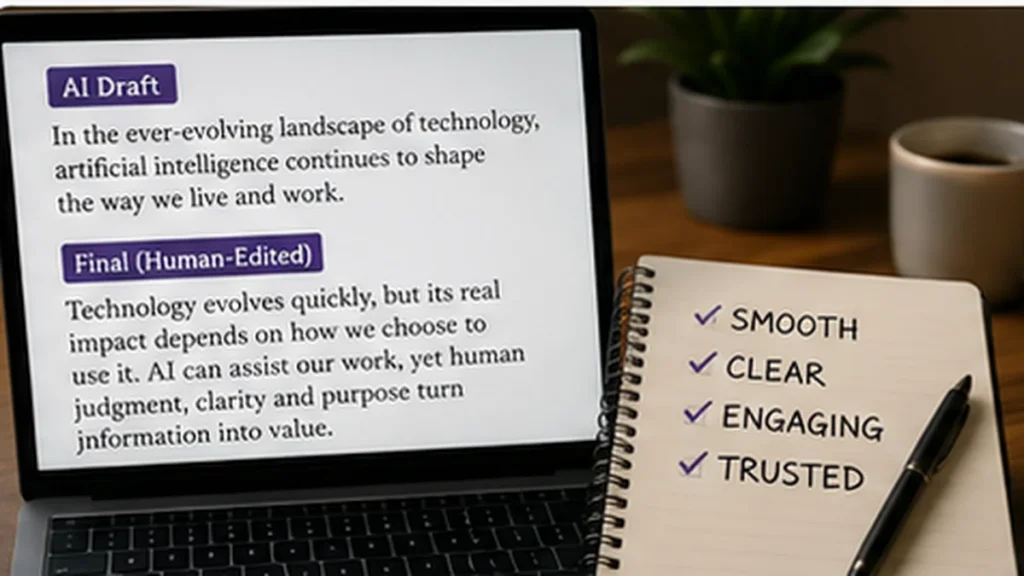 AI draft and human-edited writing compared beside editorial quality notes, illustrating the difference between polished prose and useful content.