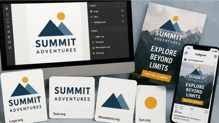 A design workspace showing a logo separated into reusable artwork, text and graphic assets, then applied to multiple finished layouts.