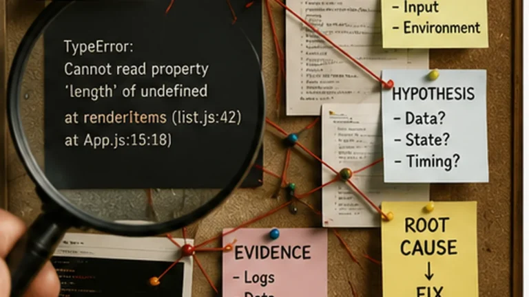 An error investigation board connecting an exact error message with reproduction steps, evidence, root cause, fix and verification.
