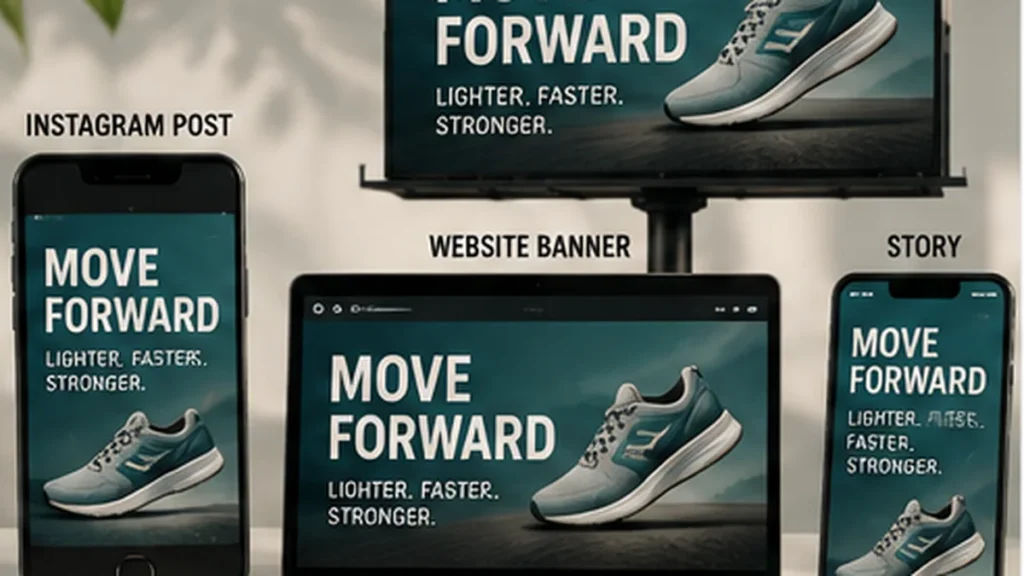 One advertising concept adapted across billboard, website banner, social post and mobile story formats.