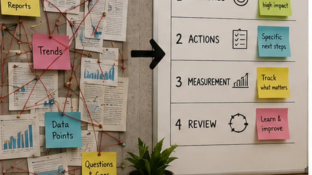 Research findings organized into priorities, actions, measurement and review.