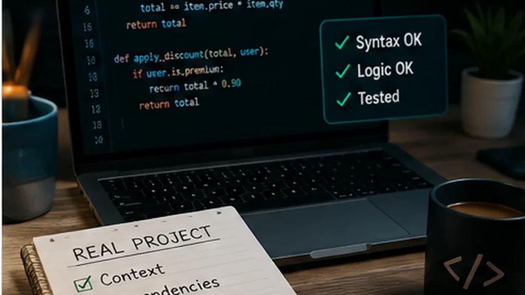 Laptop showing tested code beside a real-project checklist for context, dependencies, edge cases and testing.