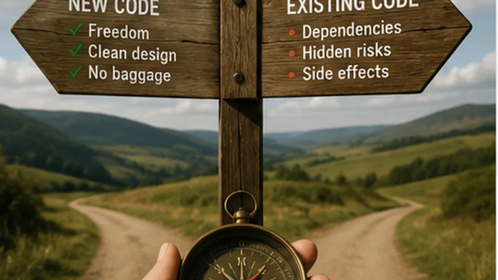 A forked path contrasting the freedom of writing new code with dependencies and hidden risks in existing code.
