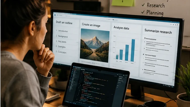 Workspace showing AI used across writing, coding, images, data analysis, research and planning.