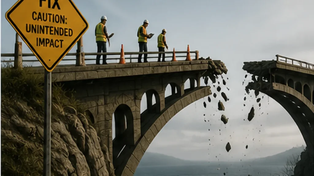 A repaired bridge with an unintended broken section, illustrating how a local code fix can cause regressions elsewhere.