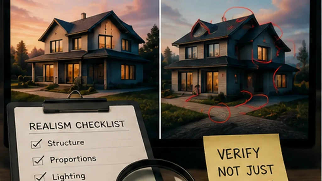 Two realistic house images compared with a verification checklist showing that visual realism does not guarantee structural accuracy.