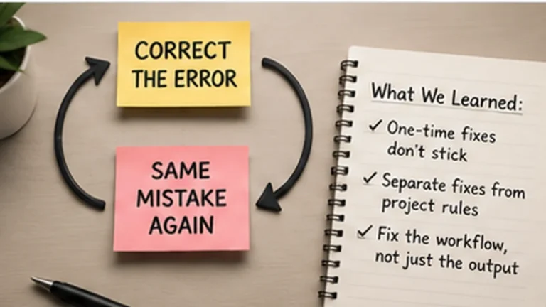 A repeated error loop beside project lessons showing why a one-time correction may not prevent the same AI mistake from returning.