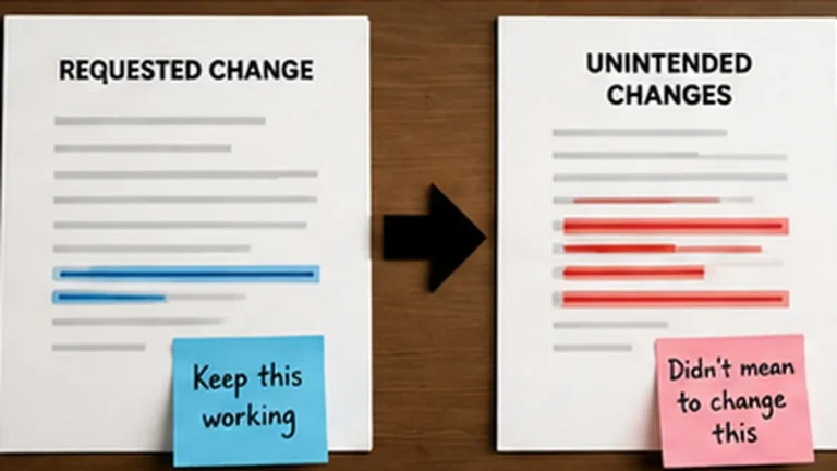 Requested changes compared with unintended changes, illustrating why AI can modify nearby content that was supposed to remain untouched.