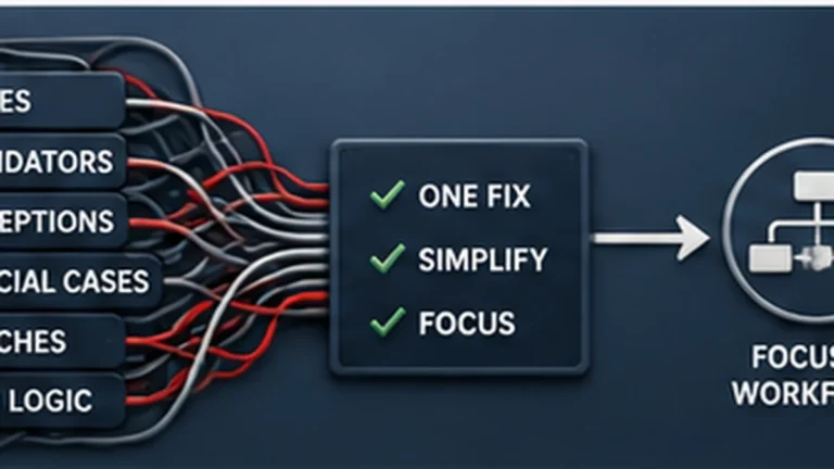 An overloaded AI workflow of rules, validators and exceptions being simplified into a focused process.