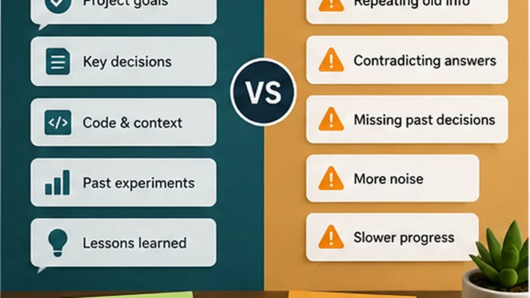 A comparison of keeping one long AI chat for continuity versus starting a new chat when context becomes noisy or the topic changes.