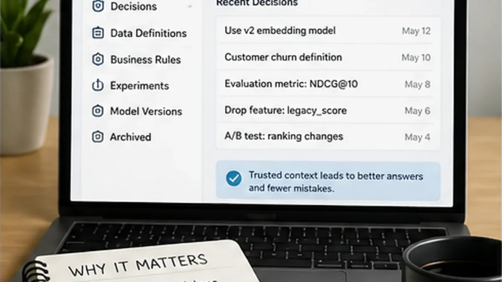 A project source-of-truth dashboard organizing current decisions, data definitions, rules, experiments, and references.