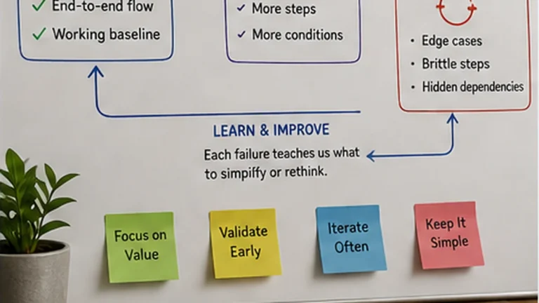 A simple AI project workflow showing a useful baseline, recurring failures, learning, and deliberate added complexity.