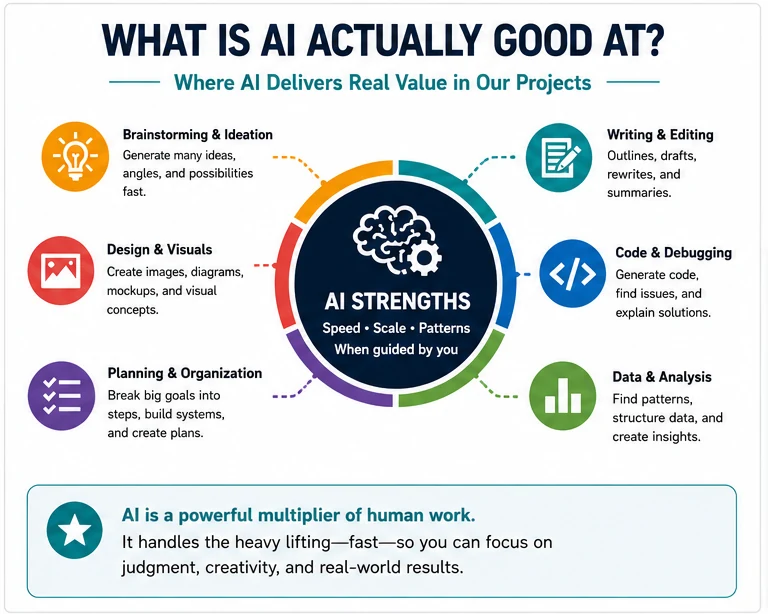 Diagram showing AI strengths in brainstorming, writing, design, coding, planning, and data analysis when guided by a person.