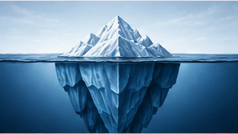 Iceberg with a small visible peak and a much larger hidden section below the water, representing hidden AI limitations.