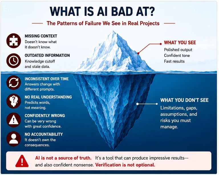 Iceberg diagram showing visible AI polish above the surface and hidden limitations such as missing context, stale information, inconsistency, confident errors, and lack of accountability below it.