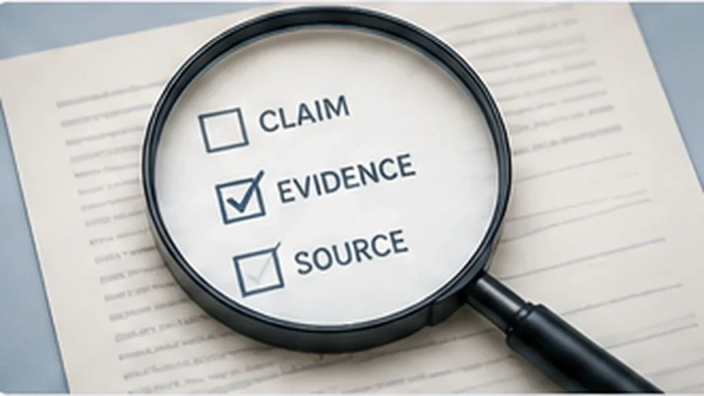 Magnifying glass over claim, evidence, and source checks, representing efficient verification of AI answers.