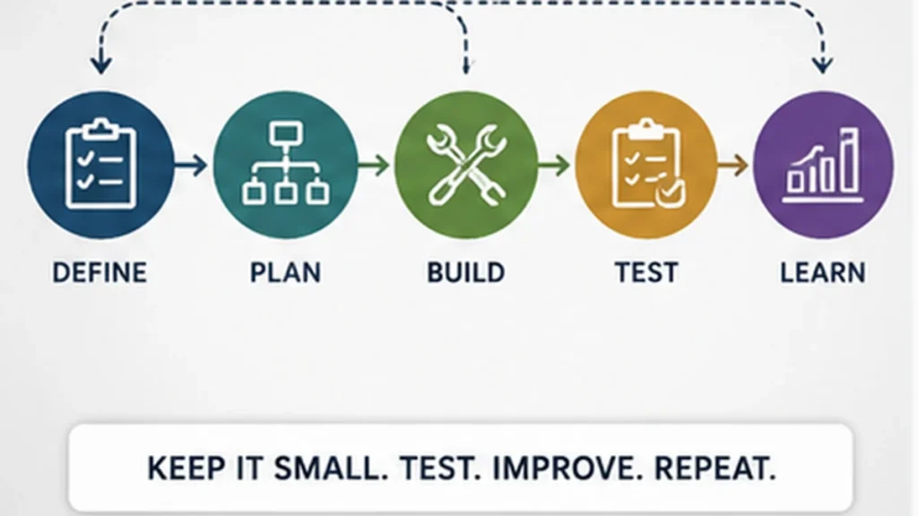 A simple AI workflow moving through define, plan, build, test, and learn stages with a small iterative loop.