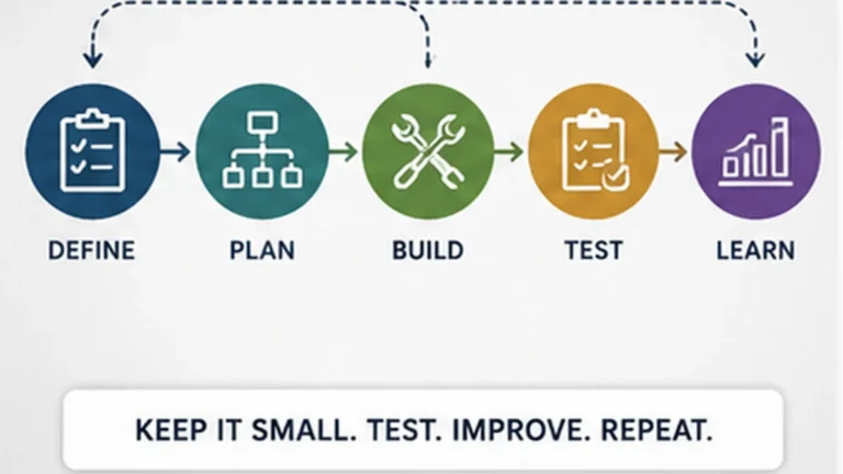 A simple AI workflow moving through define, plan, build, test, and learn stages with a small iterative loop.