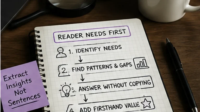 A research notebook focused on reader needs, patterns, gaps, and adding firsthand value without copying competitors.