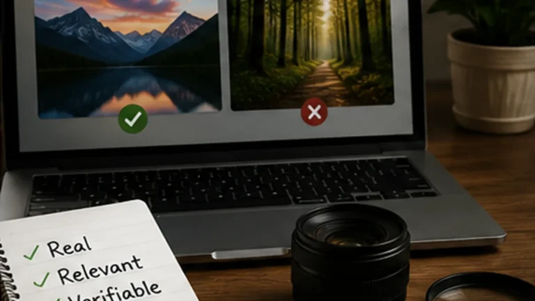 A laptop displaying two realistic images being checked against a relevance and verification checklist.