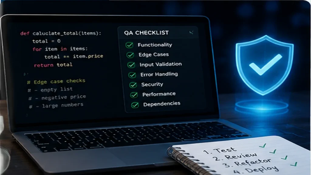AI-generated code on a laptop beside a QA checklist and security shield before production.