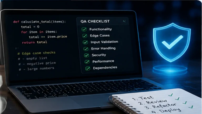 AI-generated code on a laptop beside a QA checklist and security shield before production.