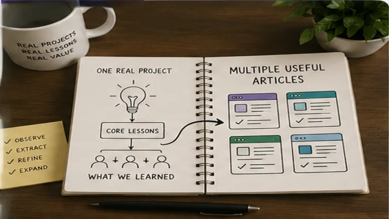 An open notebook showing one real project being turned into several distinct useful article ideas.