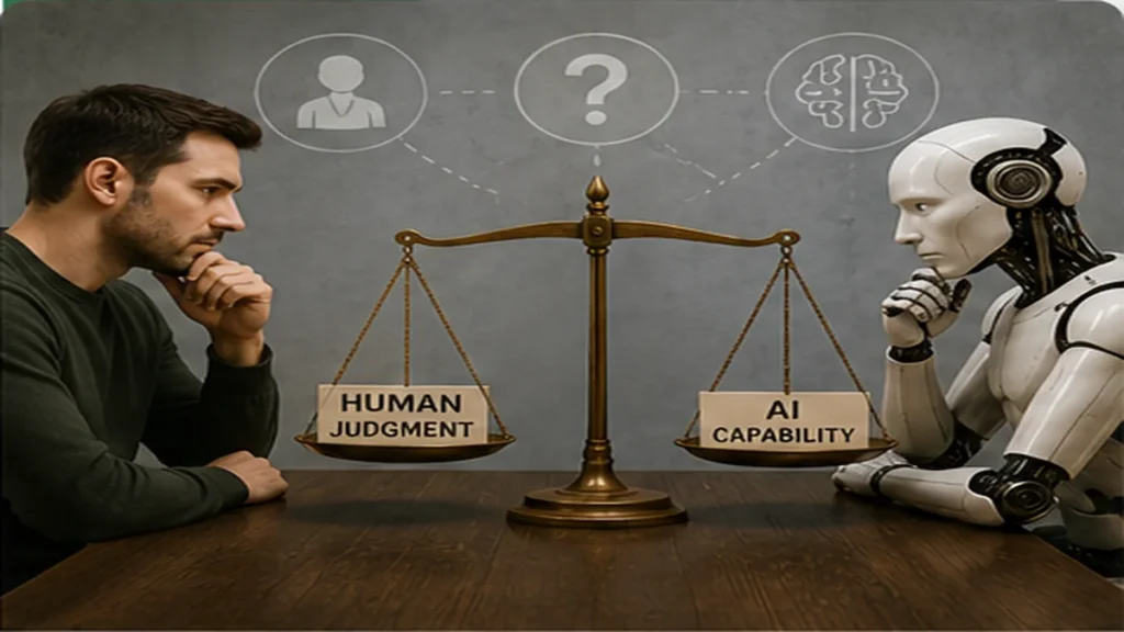 A person and an AI robot weighing human judgment against AI capability on a balance scale.