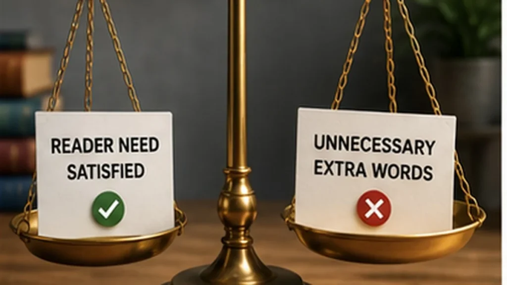 A balance scale comparing reader need satisfied with unnecessary extra words, representing article length based on usefulness rather than quota.