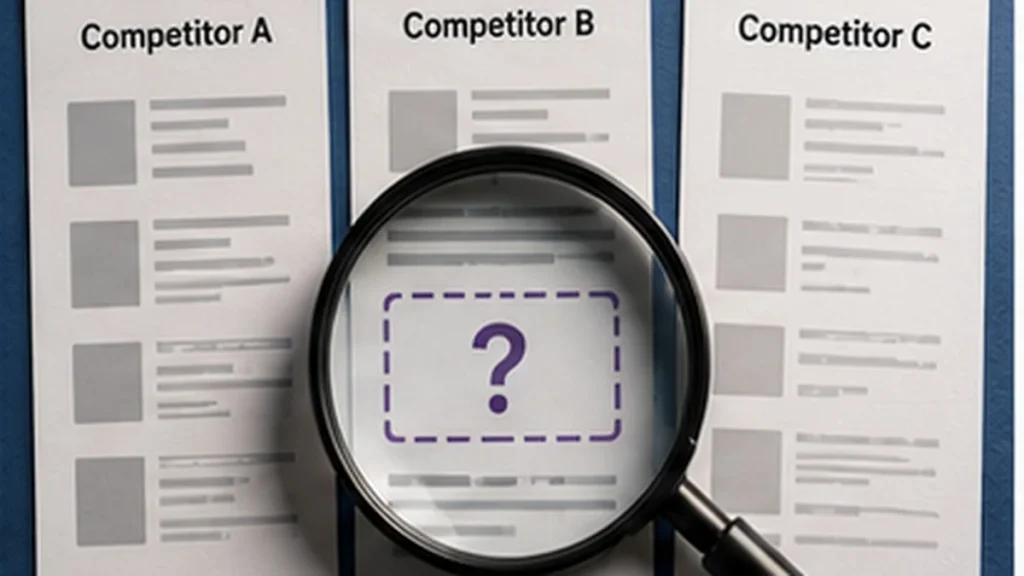 Several competitor documents examined with a magnifying glass and question mark, representing the search for meaningful content gaps.