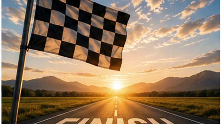 Road leading to a finish line and checkered flag, representing the point when an article has fully answered the reader's need.