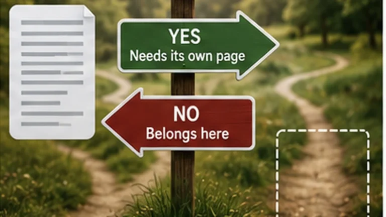 A signpost asking whether a topic needs a new article, with yes and no directions representing the standalone-topic decision.