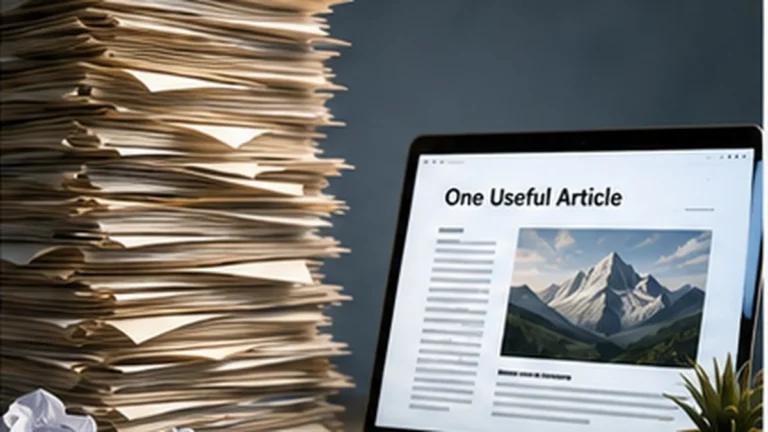 A large stack of article pages beside one polished useful article, representing quality and usefulness over publishing volume.